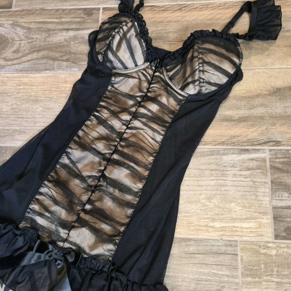 XS/S Vtg Frederick's of Hollywood Black & Gold Mesh Chemise Nightie Dress - Picture 3 of 12